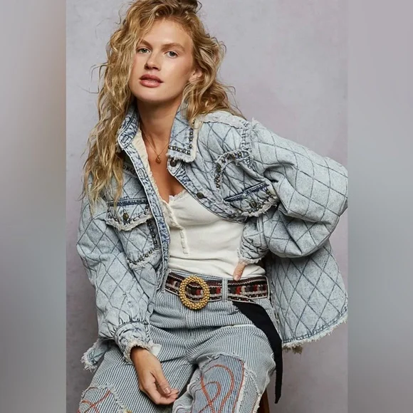 NEW Pol “Rochester” Dust & Denim Quilted Lace Panel Shacket / Jacket Stud Detail - Picture 5 of 7